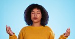 Breathing, relax and yoga in studio by black woman for peace, zen and mindfulness on blue background. Breathe, exercise and girl with awareness during meditation, chakra and energy balance isolated