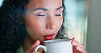 Coffee, thinking and relax with a business black woman blowing into a cup while sitting in her office. Idea, break and caffeine with a female employee working on a computer while drinking a beverage