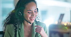 Help desk, call center and night with black woman in office for customer service, technical support or hotline. Contact us, communication and advisory with employee talking for sale, crm or overtime