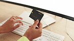 Woman hands, business credit card and computer for ecommerce, finance and accounting in office at night. Closeup worker, internet payment and online shopping of budget, fintech and investment banking