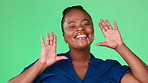 Face, hands frame and smile of black woman on green screen in studio isolated on a background. Portrait, beauty framing and happy African female model for photography, picture or photo on chroma key.