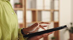 Woman, hands and tablet typing in zoom for research, browsing or social media at office. Hand of female working on touchscreen or mobile app for marketing, advertising or online search at workplace