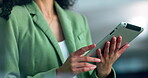 Hands, tablet and research with a business black woman at work to search the internet for data or information. Technology, cloud computing and networking with a female employee working online