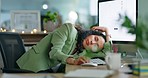 Sleeping, business and woman tired, desk and exhausted in modern office, fatigue and screen. Female employee, leader and manager in workplace, overworked and napping in workplace, resting and stress
