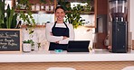 Face, woman and barista with arms crossed, smile and confidence in store, success and waitress in cafe. Portrait, female employee or lady with happiness, entrepreneur or business owner in coffee shop