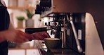 Coffee machine, barista hands and woman in cafe, prepare latte or espresso drink with service and premium blend caffeine. Hot beverage, person working in restaurant and cup with brewing process