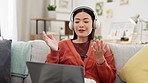 Video meeting, Asian woman and remote work on a computer talking in a online conference. Elearning, digital communication and female student on a university webinar for learning and school discussion