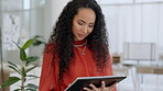 Black woman, tablet and planning in fashion business, digital marketing or project plan at workshop. African American female working on touchscreen for clothing advertising, schedule or tasks at shop