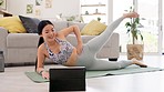 Fitness, pilates and happy woman on tablet for home online class, stretching muscle and workout health or wellness. Asian person in body exercise or yoga on digital app, tutorial or webinar support