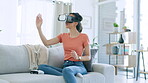 VR glasses, interaction and woman on sofa in metaverse, futuristic software or cyber punk 3d experience at home. Virtual reality, digital high tech and digital biracial person with interactive vision