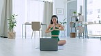 Black woman, yoga and meditation with laptop for tutorial or online class in spiritual wellness, exercise or workout. Calm African female yogi meditating or streaming healthy routine on computer