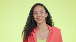 Happy, smile and confident with black woman in studio for professional, satisfaction and pride. Happiness, empowerment and mindset with girl isolated on yellow background for executive and business