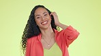 Happy, laugh and smile with black woman in studio for comedy, confidence or positive. Comedy, happiness and funny with portrait of girl and joke, satisfaction or natural isolated on yellow background