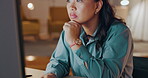 Thinking, business woman and computer at night for planning, research and analysis. Serious worker working late on desktop technology in evening on web information, digital solution or decision ideas