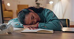 Tired, sleeping or business woman resting on table with burnout is overworked from deadline at office desk. Lazy, dreaming or exhausted worker with stress or fatigue napping on a break in overtime