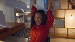 Black woman, call center and celebration for winning, promotion or sale and good news at office desk. Excited African American female in joy throwing papers in air for win, surprise or achievement