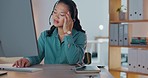 Fatigue, headache or call center agent with burnout is overworked from telemarketing deadline at office desk. Work, tired or exhausted Asian woman frustrated with crm stress, migraine pain or fatigue