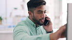 Phone call, computer and explaining with a business man at work in his office while talking or planning. Mobile, contact and conversation with a male employee working on a project  or proposal