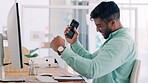 Phone, surprise and celebration of business man in office celebrating good news, success or winning. Achievement, cellphone and happy male employee with mobile to celebrate bonus, goals and targets.