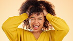 Mental health, stress and shouting with a crazy black woman in studio on a yellow background. Psychology, bipolar and shouting with a female suffering from ptsd, trauma or scared of a nightmare