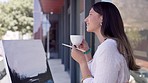 Thinking, painter or woman with tea painting on canvas on art gallery balcony outside a studio with vision. Day dreaming, brush or thoughtful artistic girl drawing by a workshop drinking coffee alone