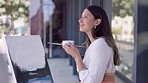 Thinking, painter or woman with coffee painting on canvas on art gallery balcony outside a studio with vision. Day dreaming, ideas or thoughtful artistic girl drawing by a workshop drinking tea alone