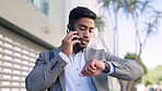 Time, phone call and businessman checking his watch outdoors, leaving for work, meeting or appointment. Punctual, male and ceo on smartphone discussion on commute for effective schedule management