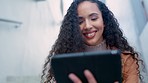 City, stairs and woman typing on tablet with smile for social media, internet conversation and text message. Communication, network and happy girl on digital tech for online chat, research or website