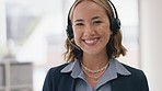 Face, woman and call center for telemarketing, customer service and happiness with success. Portrait, female consultant and employee with smile, headset and tech support in workplace and  contact us