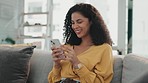 Woman laugh, phone and typing on a living room sofa feeling happy on a work break with mobile. Website, networking notification and social media scroll of a young person on web communication app