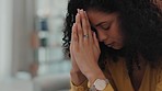 Face, woman and hands for prayer in home, religion and worship faith of spiritual wellness. Christian female praying to God for hope, trust and meditation of peace, praise or healing mindset in house