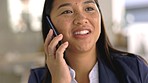 Woman, computer typing and smartphone call for office management, administration and networking. Female manager, keyboard and talking on cellphone for consulting, contact and business communication 