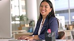 Face, happy woman and typing on computer in office for online planning, email administration or research. Portrait, smile and female employee at desktop for management, website technology or internet