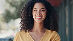 Face, laughing and business woman in city with pride for career or job outdoors in urban street. Portrait, professional and happy, funny and confident mixed race female entrepreneur from South Africa