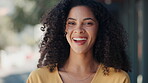 Laughing, face and business woman in city with pride for career or job outdoors in urban street. Portrait, professional and happy, funny and confident mixed race female entrepreneur from South Africa