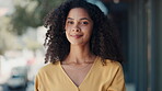 Face, smile and business woman in city with pride for career or job outdoors in urban street. Portrait, professional and happy, proud and confident mixed race female entrepreneur from South Africa.