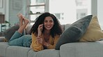 Phone call, sofa and woman with smile talking, speaking and in happy conversation in living room. Network, communication and girl laying on couch for relax, chill and chatting on smartphone at home