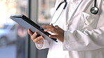 Closeup, hands and doctor with tablet, research or online reading in hospital, telehealth or wellness. Zoom, medical professional or device for information, search website, internet search or results