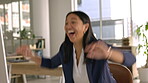 Winning, excited and business woman on computer celebrate bonus, company sales news or success online. Winner, celebration and yes of Philippines woman reading email promotion, goals or opportunity