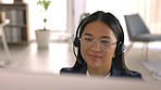 Call center, face and woman on computer for customer service, crm and help desk in office. Female agent, glasses and telemarketing consultant on desktop for sales support, telecom and loan consulting