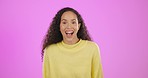 Happy, wow and disappointed face of woman in studio, shocked and surprised by unexpected news on pink background. omg, wtf and smile with portrait of girl with different emotion, expression and emoji