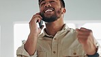Excited, phone call and man celebration from work promotion and good news from win. Happy, smile and male worker with mobile contact with success from job networking and deal with happiness 