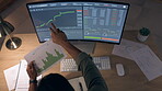 Man at night on computer screen for data analytics, stock market research or digital graphs, charts and statistics. Desktop pc, analysis or algorithm monitor of analyst professional or person above