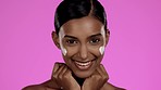 Face, funny and Indian woman with cream, skincare and dermatology against purple studio background. Portrait, female ad lady with creme, lotion and morning routine for grooming or facial expressions 