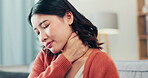 Neck, pain and stress of asian woman in home, joint inflammation and arthritis crisis in apartment. Healthcare, injury and female with muscle ache from muscular nerve tension, sick problem or anxiety