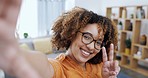 Face, hand and peace sign by black woman smile for selfie, video call or creating content in her home. Portrait, silly and girl influencer live streaming for social media, blog or fun profile picture