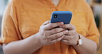 Woman, hands and typing on smartphone, communication with technology, chat on social media app and texting. Email, notification and message, female using phone with online conversation and contact