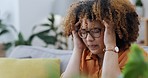 Stress, headache and black woman with anxiety on a sofa, worry and pressure in living room. Migraine, stressed and anxious girl suffering mental health problem, crisis or frustrated with pain pr ache