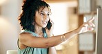 Phone call, computer and woman in office for business communication, technical support or online job update. Professional biracial person or worker talking on cellphone or smartphone and desktop pc