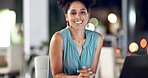 Face of happy woman in night office, working on a laptop for international, global or online career planning and typing in bokeh. Biracial person on computer in workplace for internet or digital job